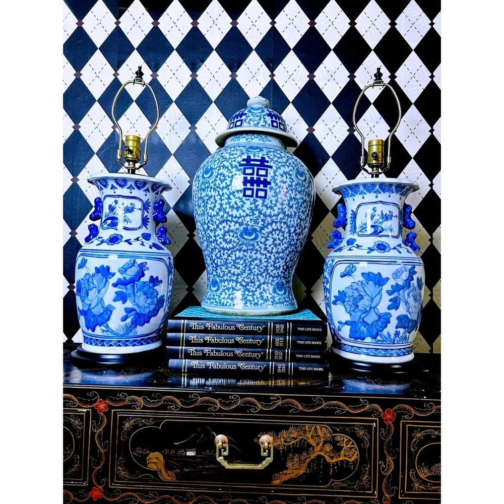 Large Blue White Ginger Jar Double Happiness‎ Chinese Porcelain Temple Jar